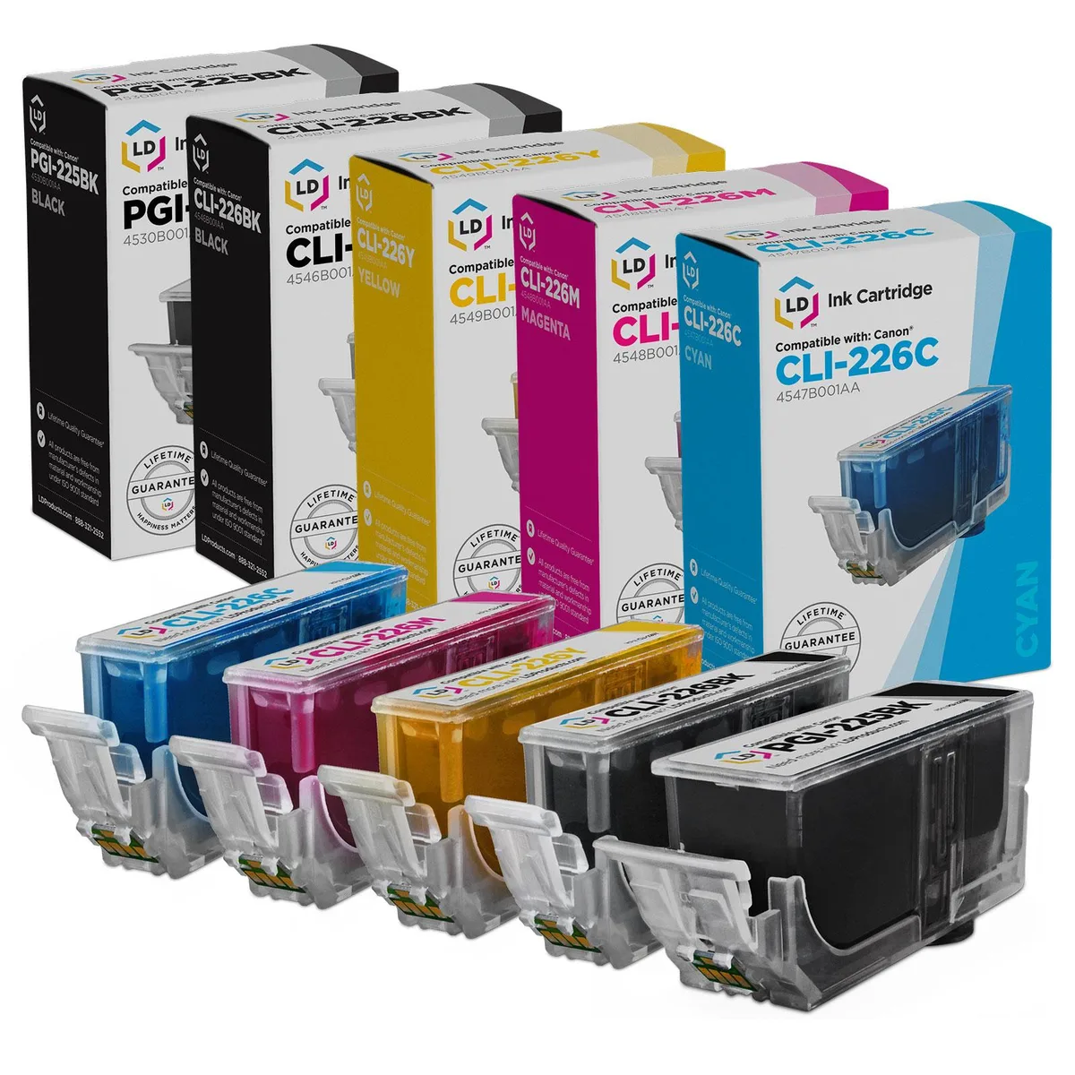 Five rectangular ink cartridges in black, cyan, magenta, yellow packaging