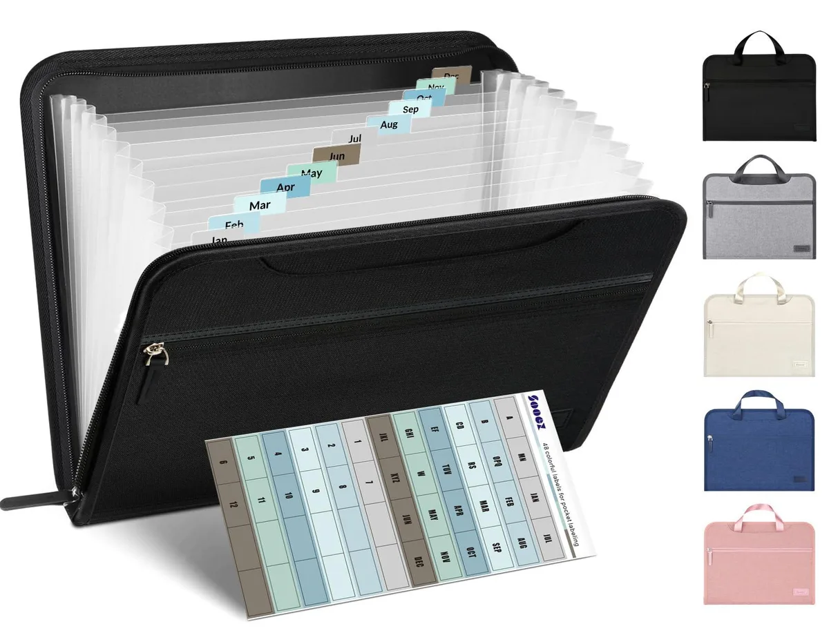 Transparent polypropylene expanding file folder with 12 pockets and hidden handle
