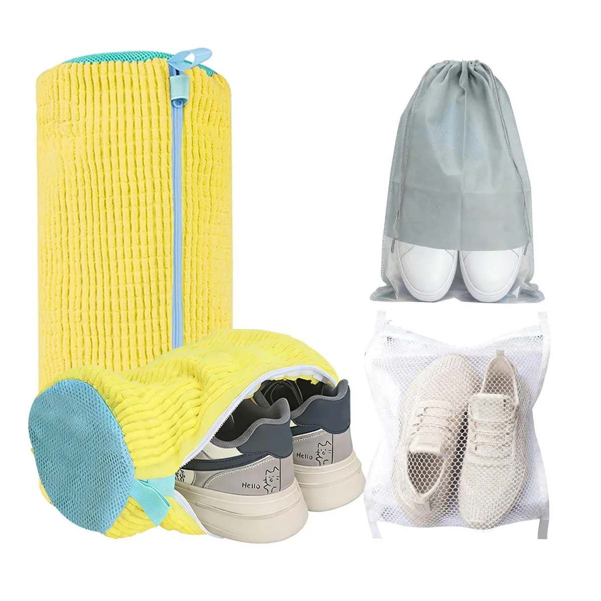 Four yellow shoe laundry bags with zipper closure