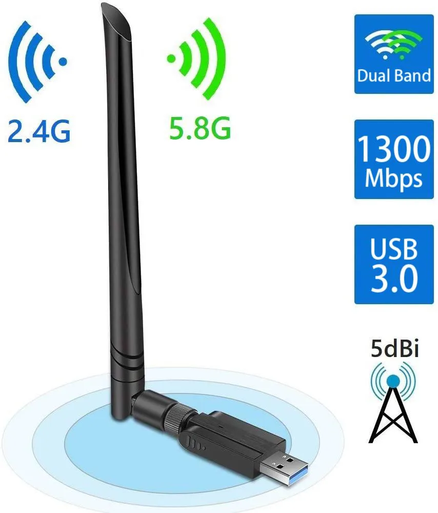 TROPRO TROPRO USB 3.0 Wi-Fi Adapter 1300Mbps 5dBi Antenna Dual Band 2.4 5.8GHz — product photo