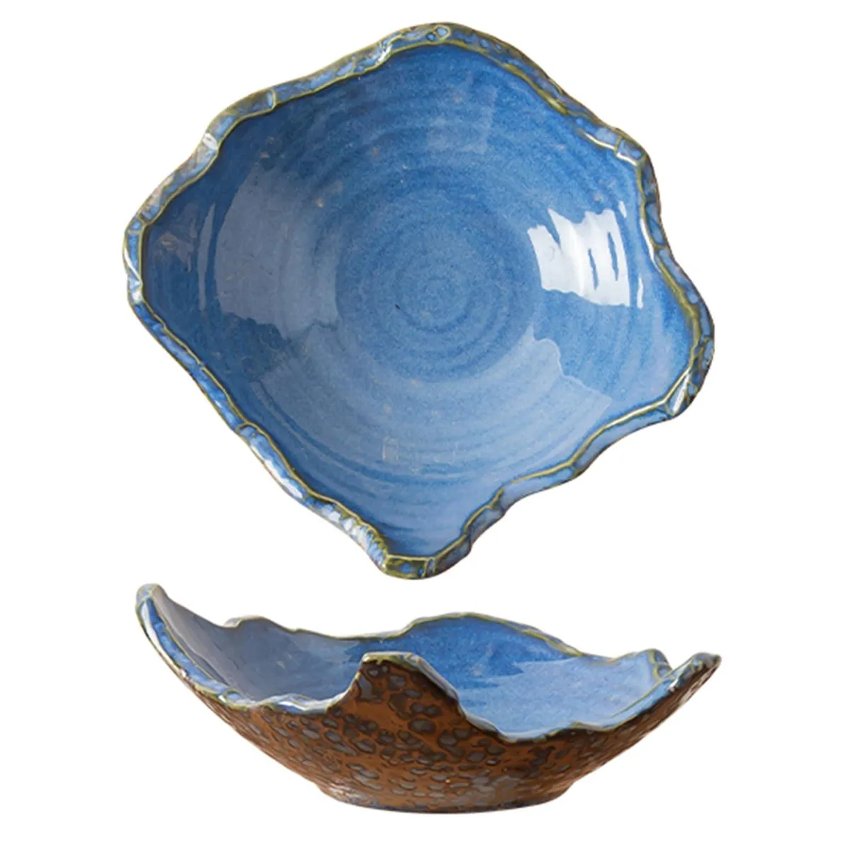 Small round ceramic bowl with irregular wavy rim and reactive glaze in brown red tones