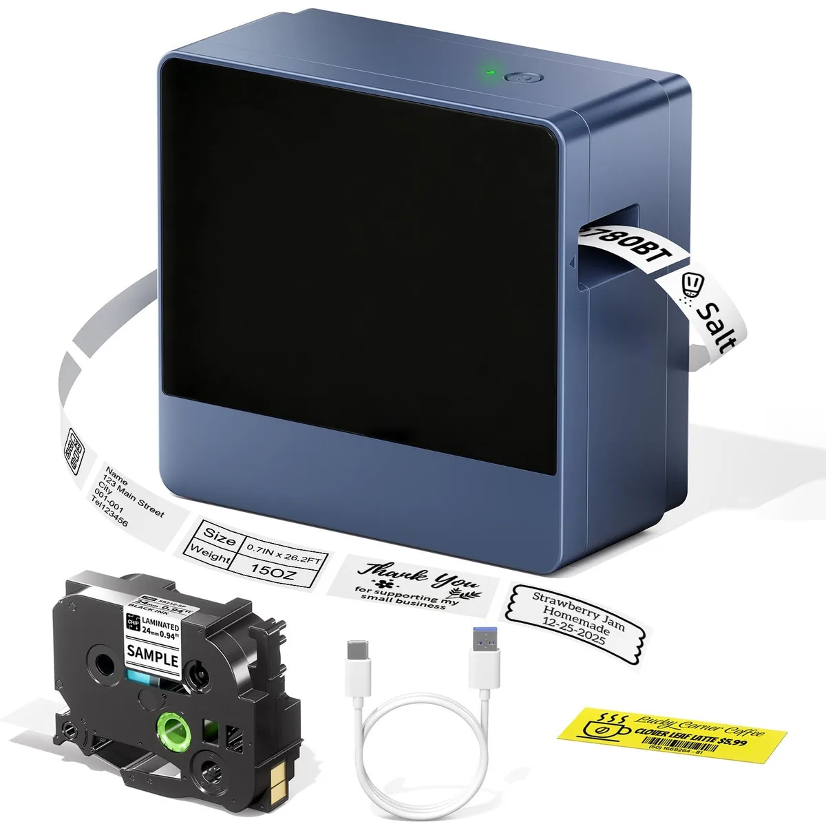 Compact white label printer with Bluetooth, 24 mm tape loaded, rechargeable battery
