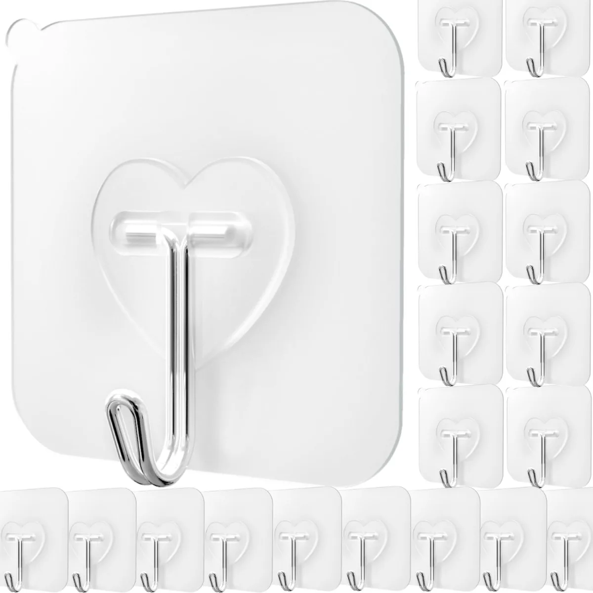 Twenty clear heart-shaped adhesive hooks on a sheet, each 2.36 inches square with stainless steel core