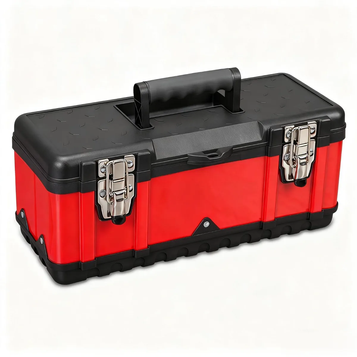 Twelve black steel-and-plastic tool boxes, 15.5 inches long, with short rubber handles and removable trays