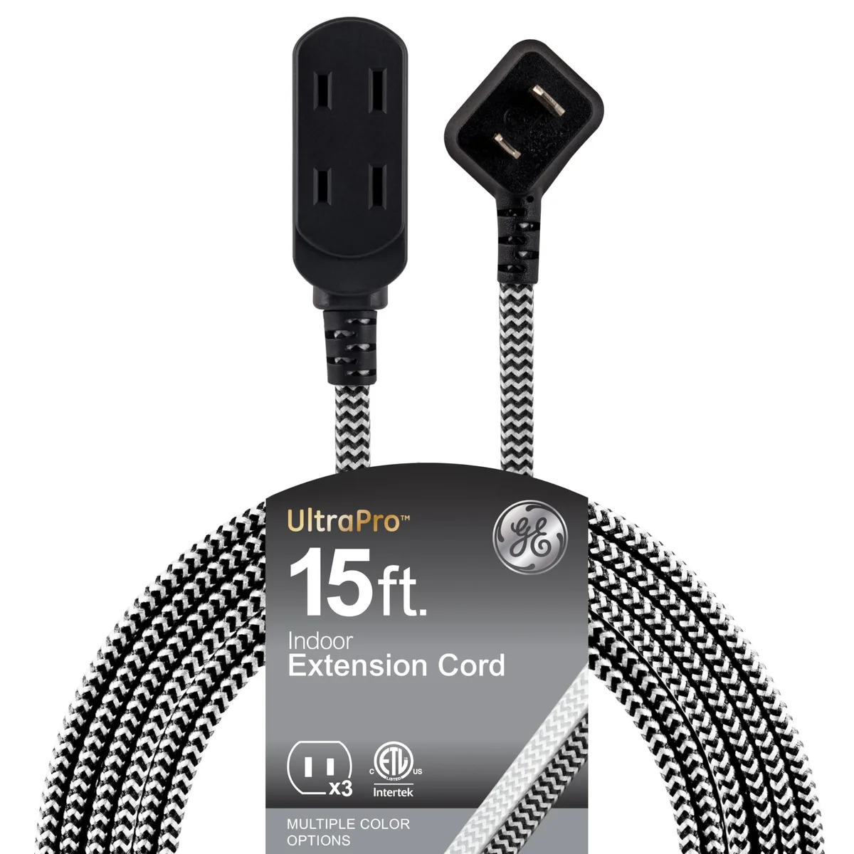 Grey and white braided 15 ft extension cord with flat right-angled plug and three outlets with safety covers