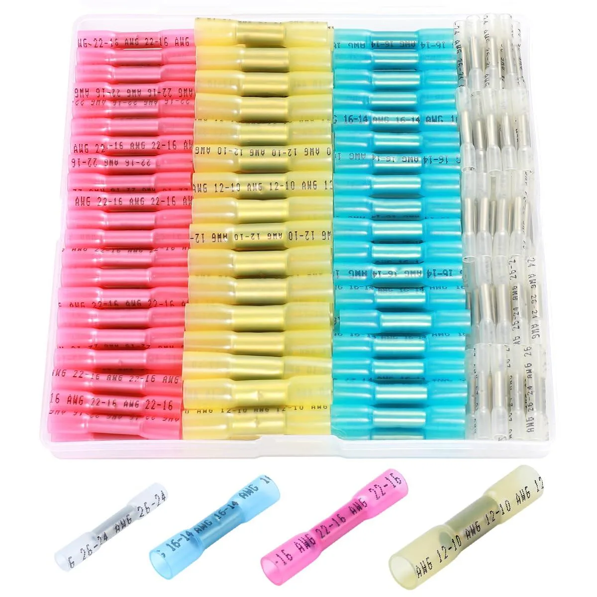 Blue insulated heat-shrink butt wire connectors in bulk pack