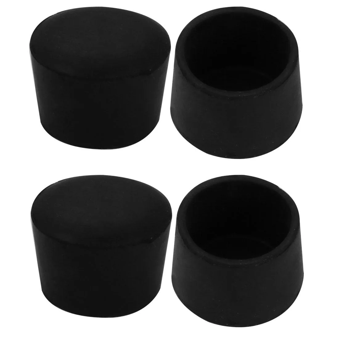Four black rubber chair leg caps with round flat bases, 35mm inner diameter