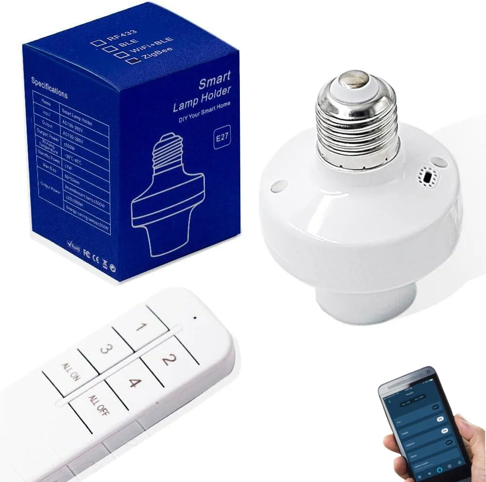 White Zigbee E26 E27 light socket adapter with 2.4G remote control