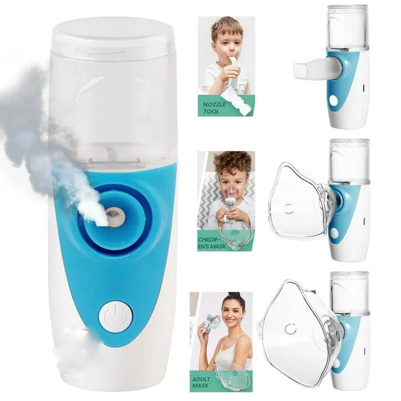 Compact gray and blue handheld mesh nebulizer with medicine cup and mask accessories
