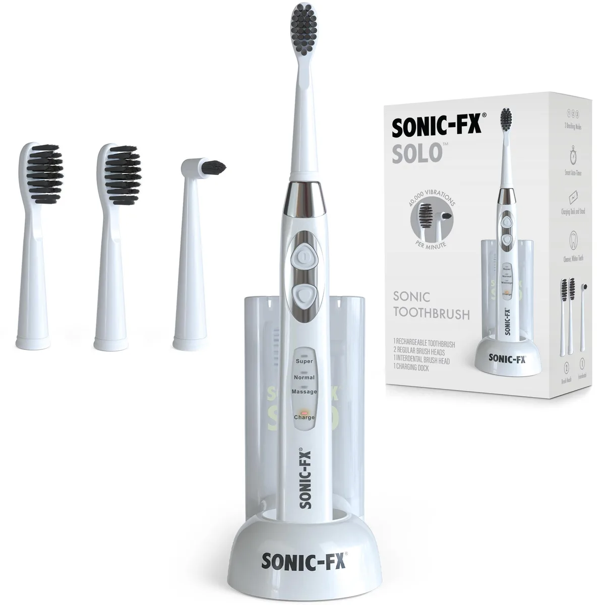 White electric toothbrush with charging dock and multiple brush heads