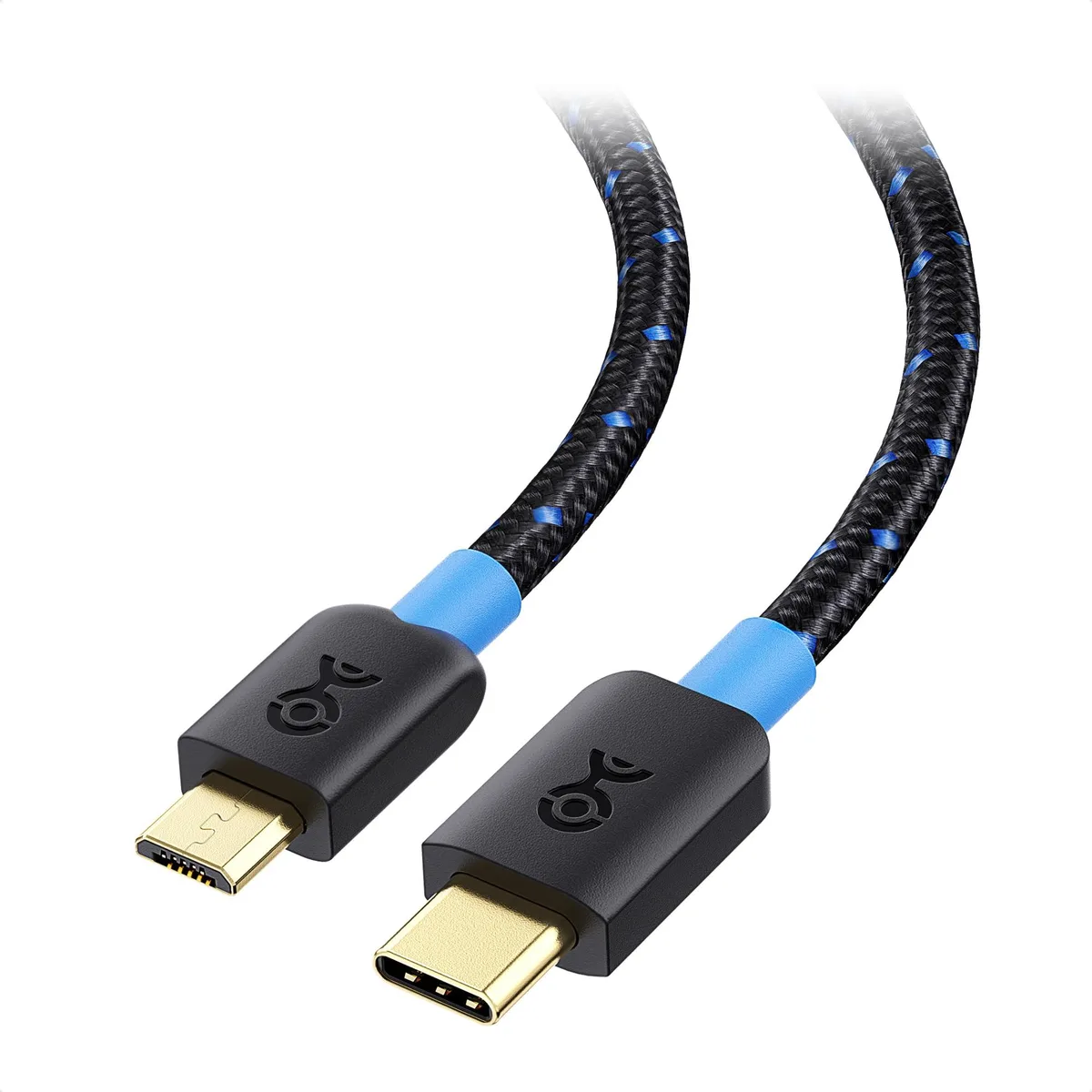 Black braided USB-C to Micro-USB cable, 6.6 ft, reversible USB-C plug, Micro-B 2.0 connector, gold-plated contacts