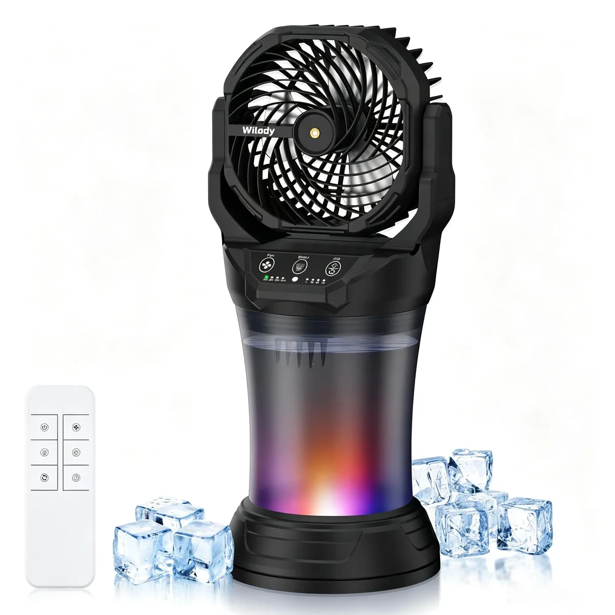 Matte white portable misting fan with carry handle and transparent water tank