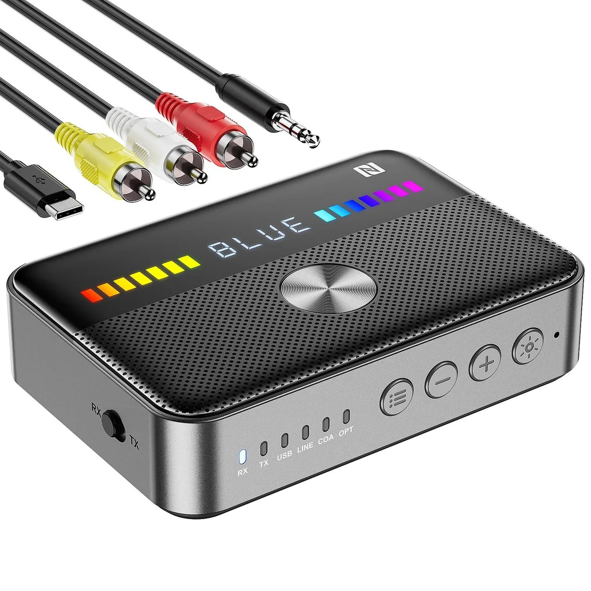 Compact black rectangular adapter with LED display and RGB lighting, 3.9 by 2.9 by 0.9 inches