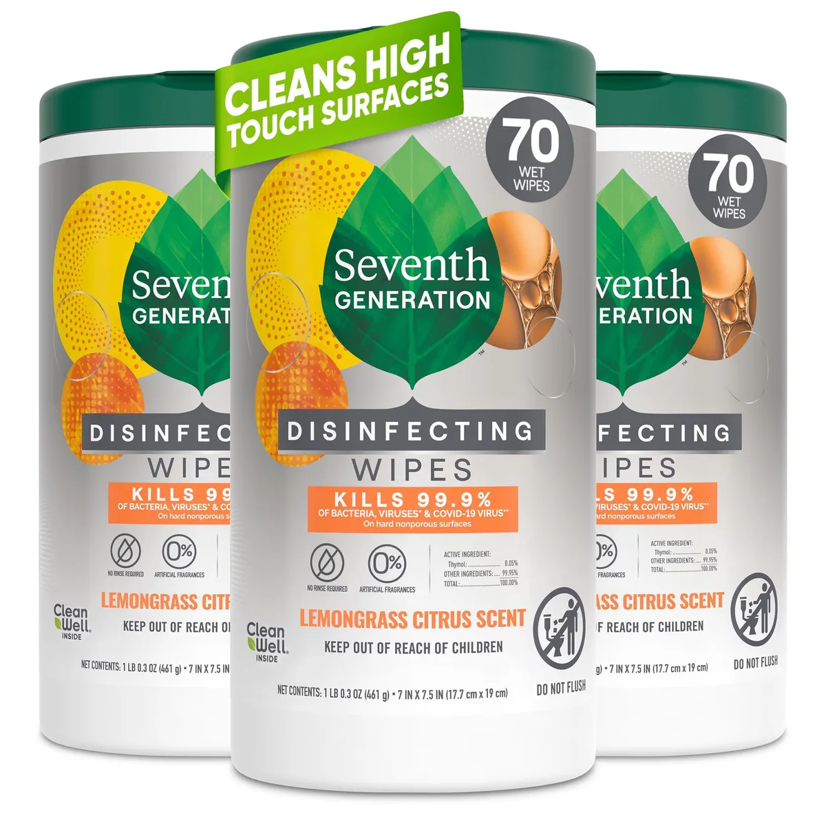 Three white plastic canisters of lemongrass citrus disinfecting wipes, 70 count each