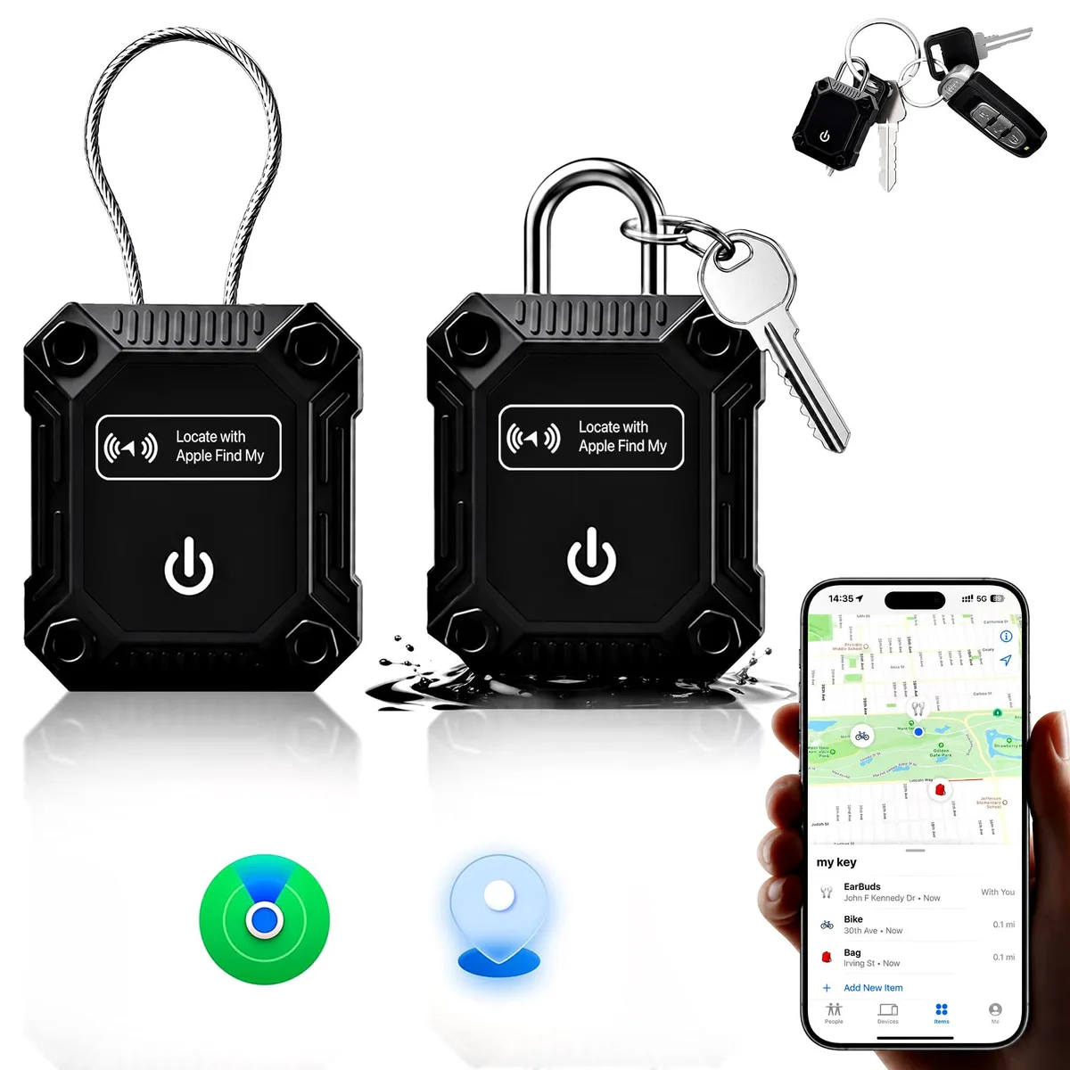 Mrojiis Q7 Keyholder 2 Pack Apple Find My IP68 110 dB 7 Year Battery — product photo