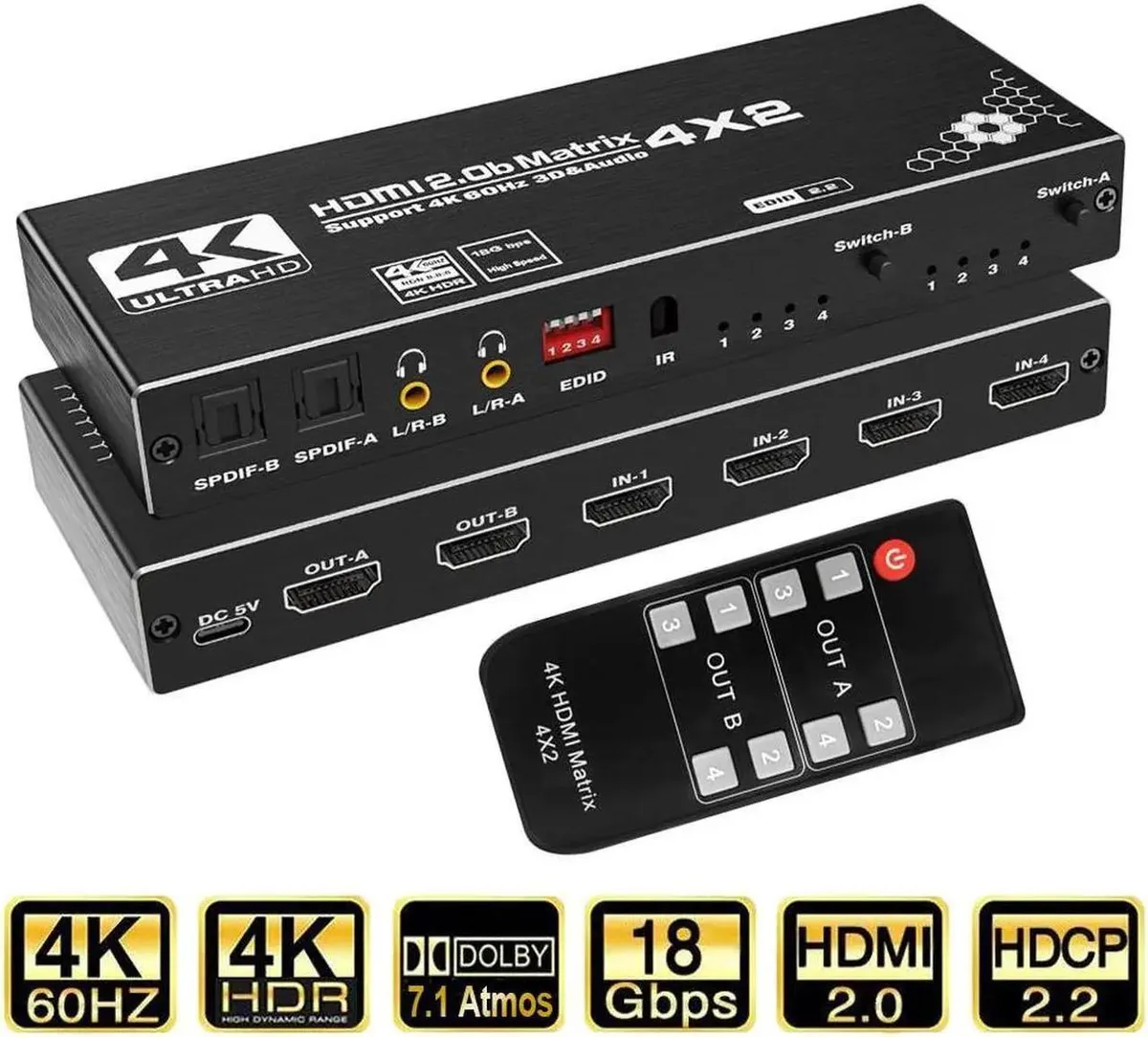 Vszerda Vszerda 4×2 HDMI Matrix 4K 60Hz 18.5Gbps Dolby Atmos 7.1 EDID IR (OZJ1) — product photo