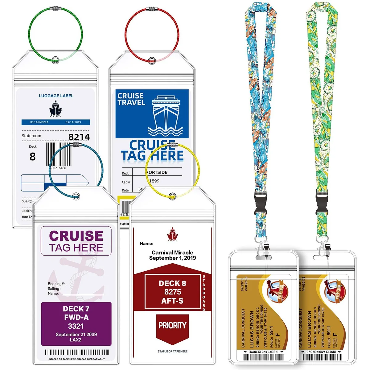 Six-piece blue travel set with clear PVC luggage tags, wire cords, and lanyards with ID holders