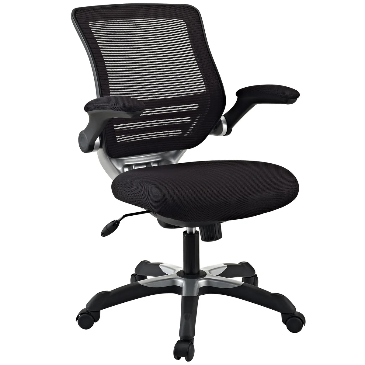 Black mesh-back office chair with flip-up arms and adjustable seat height