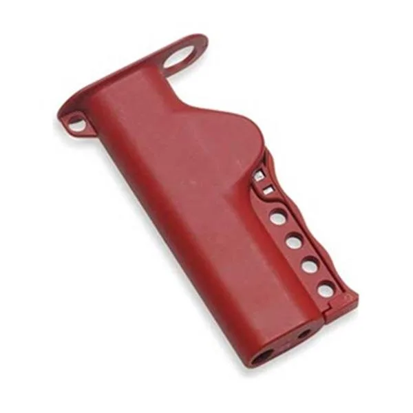 Red glass-filled nylon grip-cinching cable lockout body, 3-1/4 by 6 by 1-1/4 inches, accepts up to four padlocks