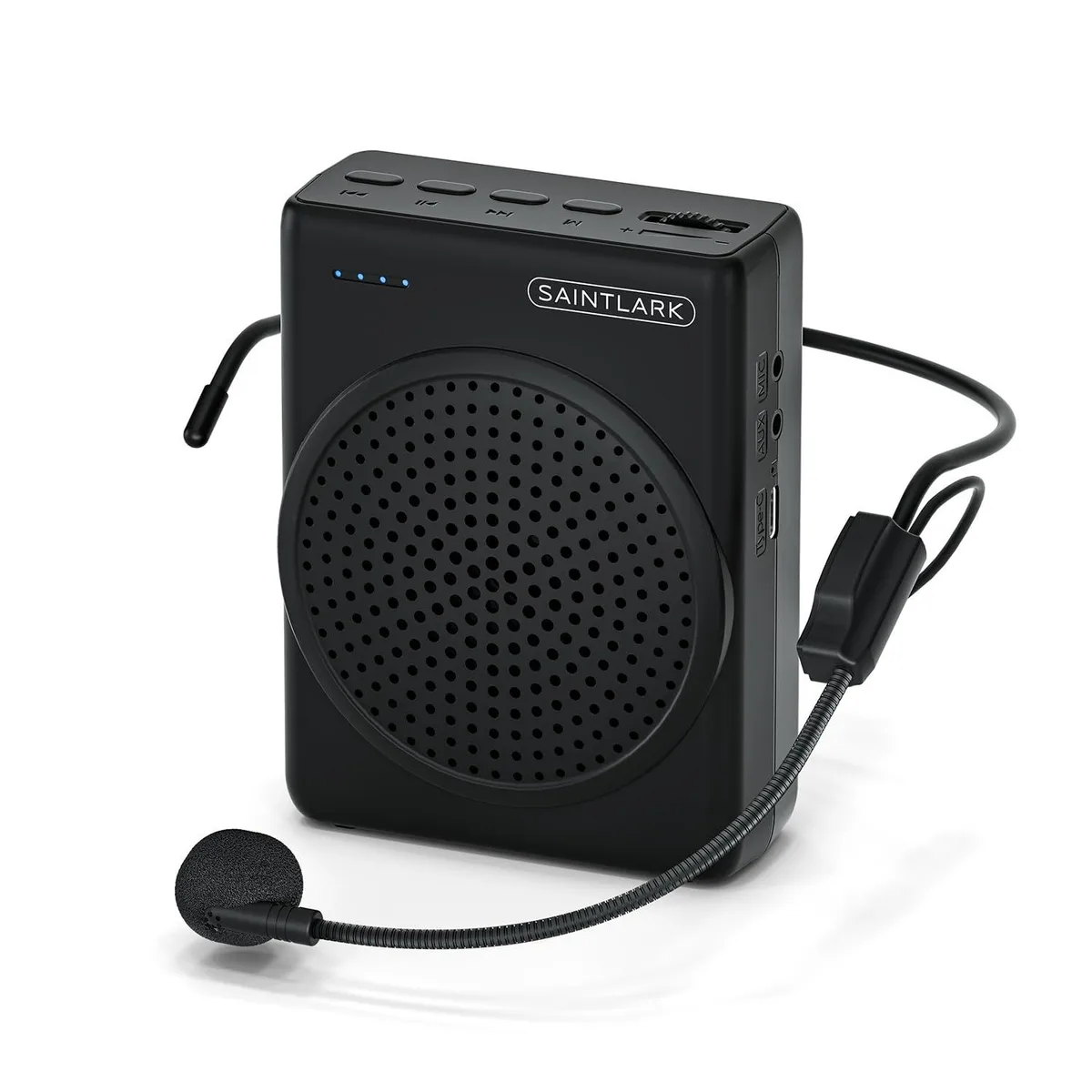 Compact rectangular voice amplifier in black ABS with wired headset microphone and belt clip
