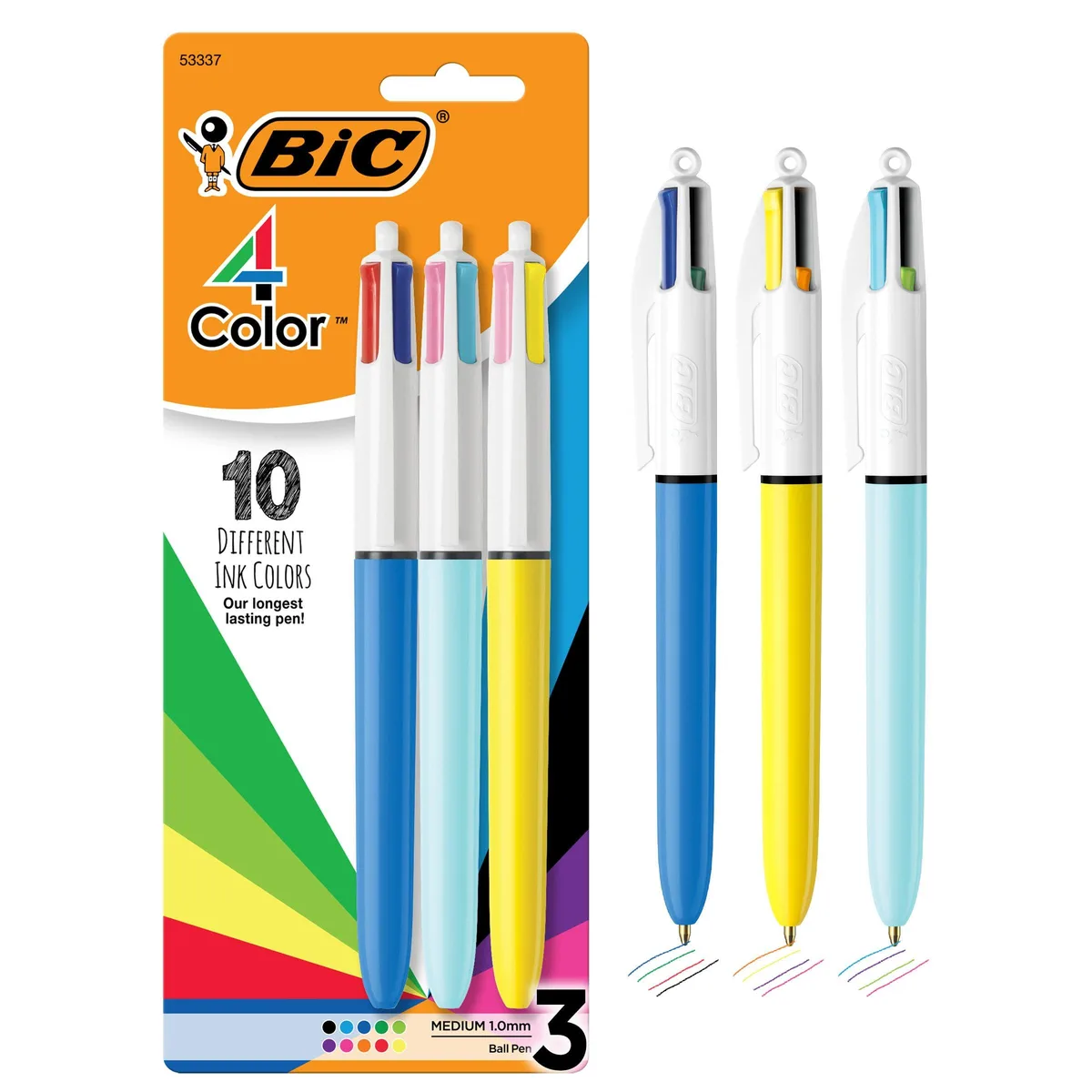 Three retractable ballpoint pens, wide barrels, plastic clips, ten ink colours each