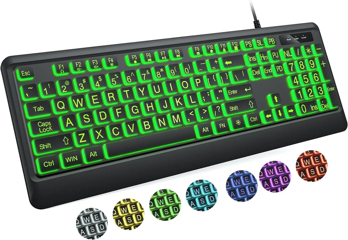 TUKO TUKO Large Print Gaming Keyboard 104-Key USB Wired 7-Color Backlight — product photo