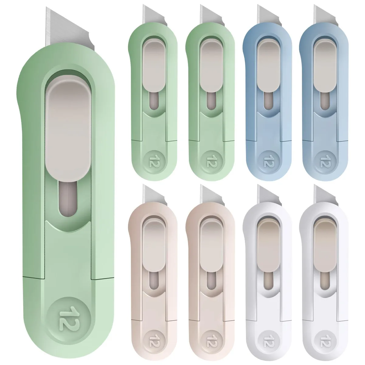 Eight small blue retractable box cutters with plastic handles and exposed steel blades
