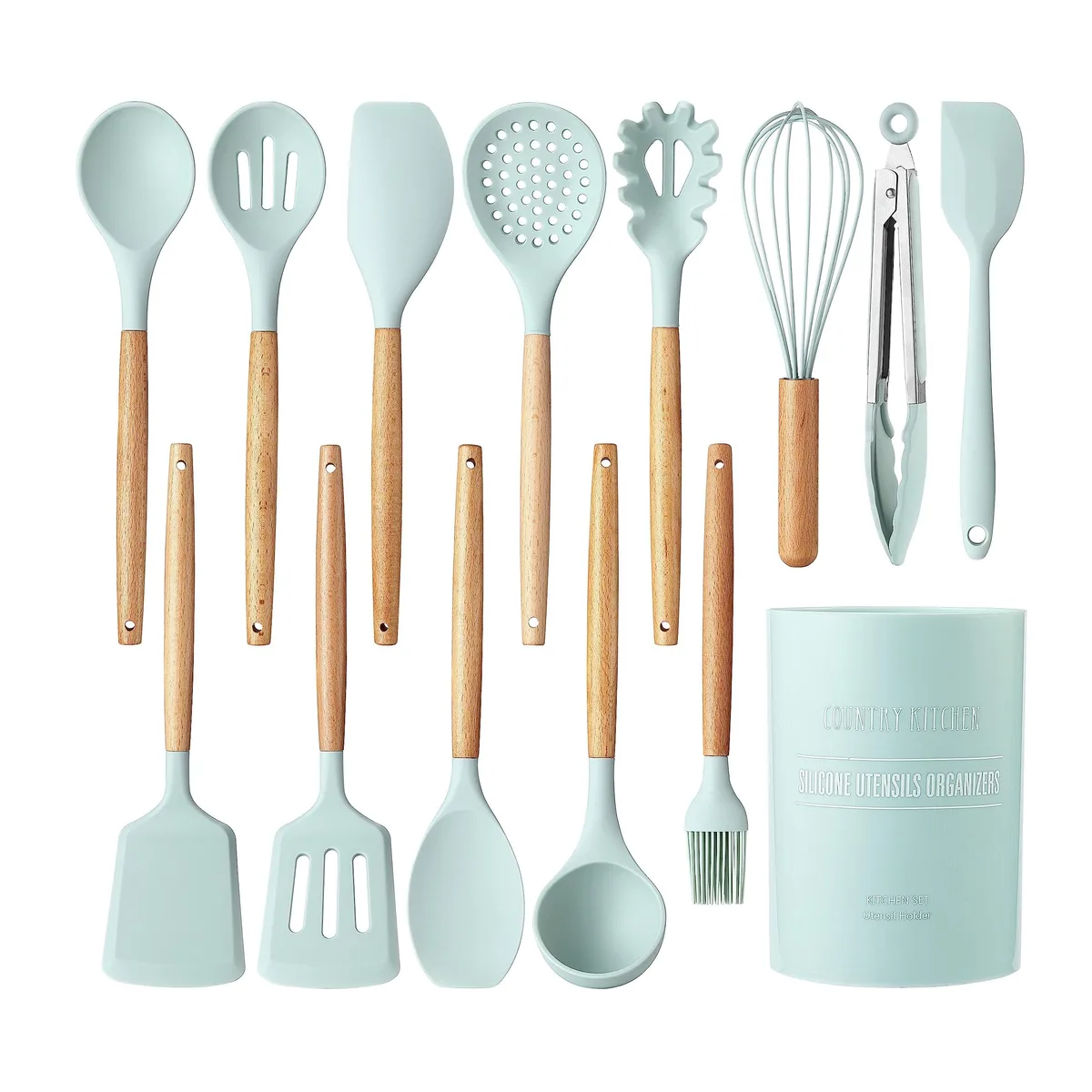 Mint silicone utensil set with wooden handles, 14 pieces in a box