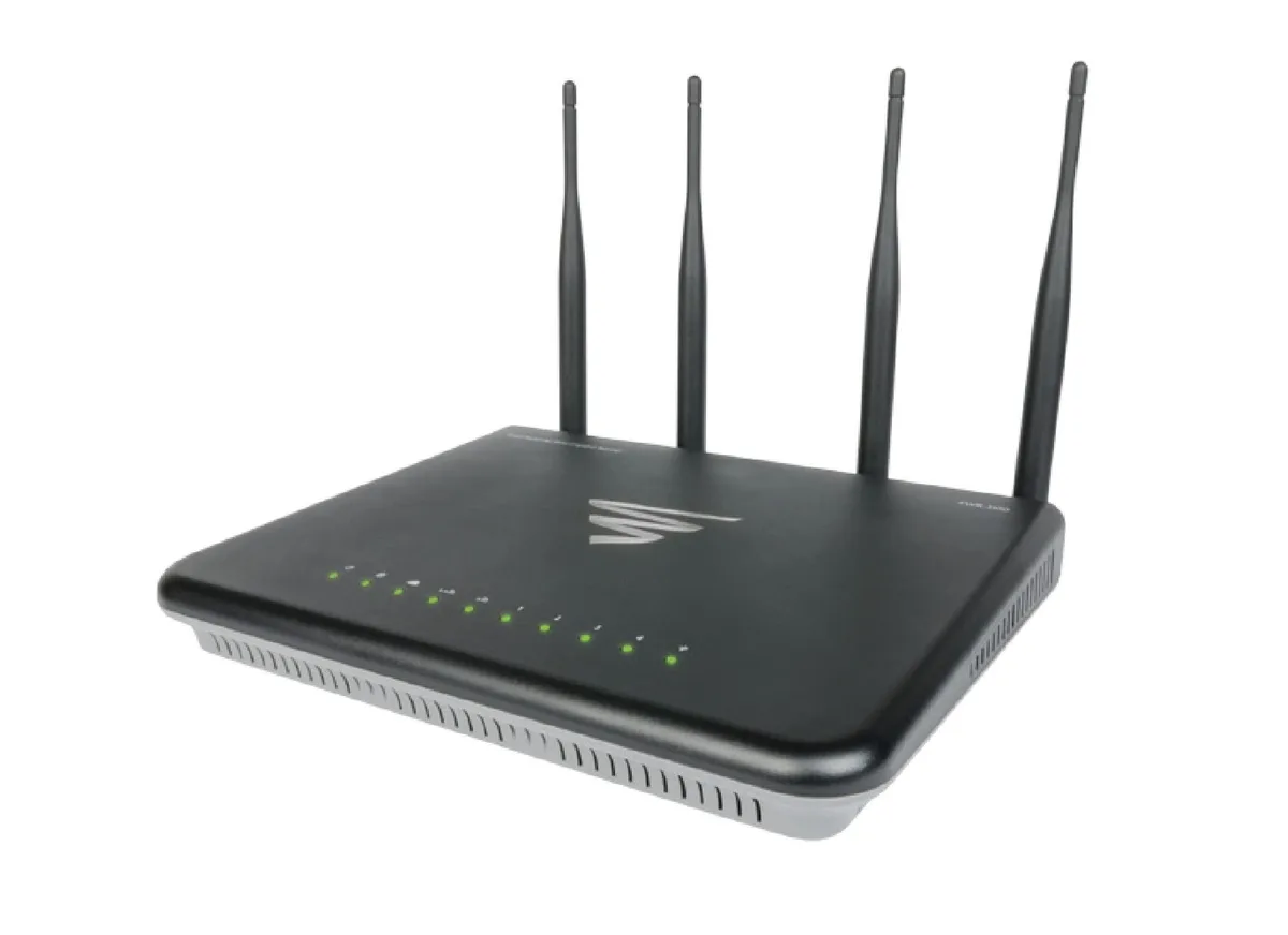 White rectangular wireless access point with four detachable antennas and front LED indicators