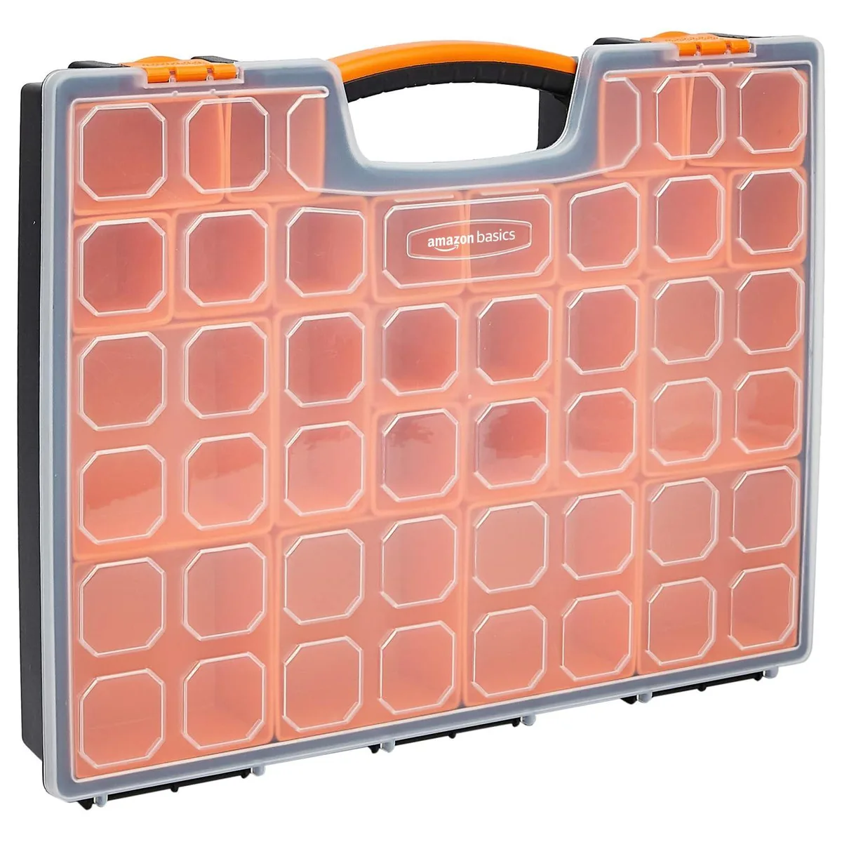 Black plastic tool organiser with transparent lid and 19 removable compartments