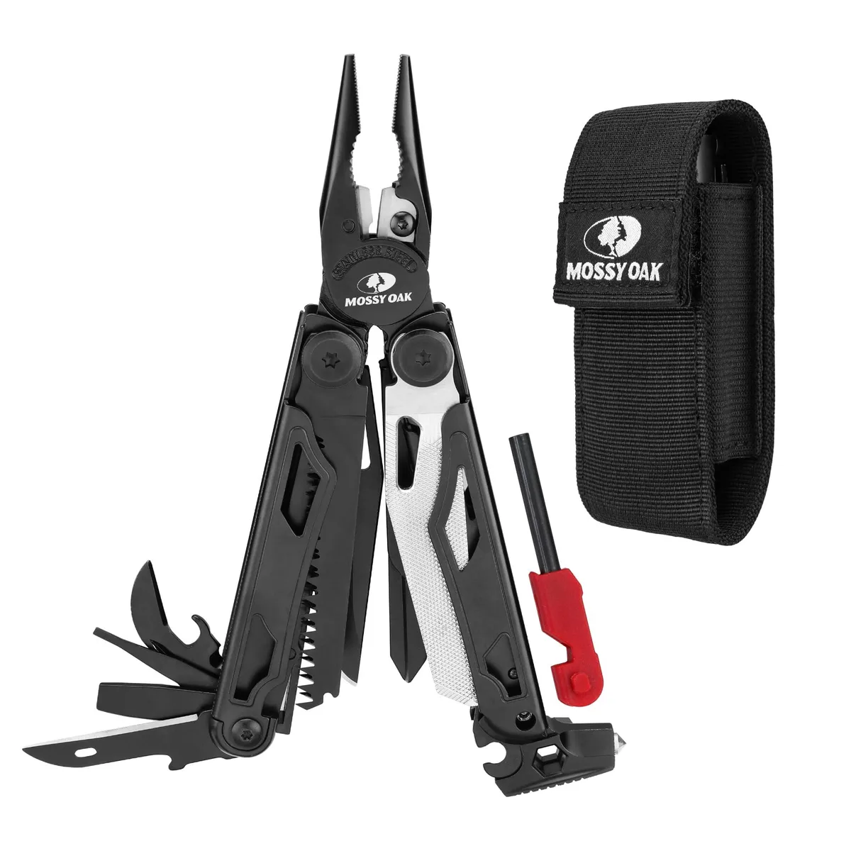 Blue multi-tool pliers with curved jaws and black sheath