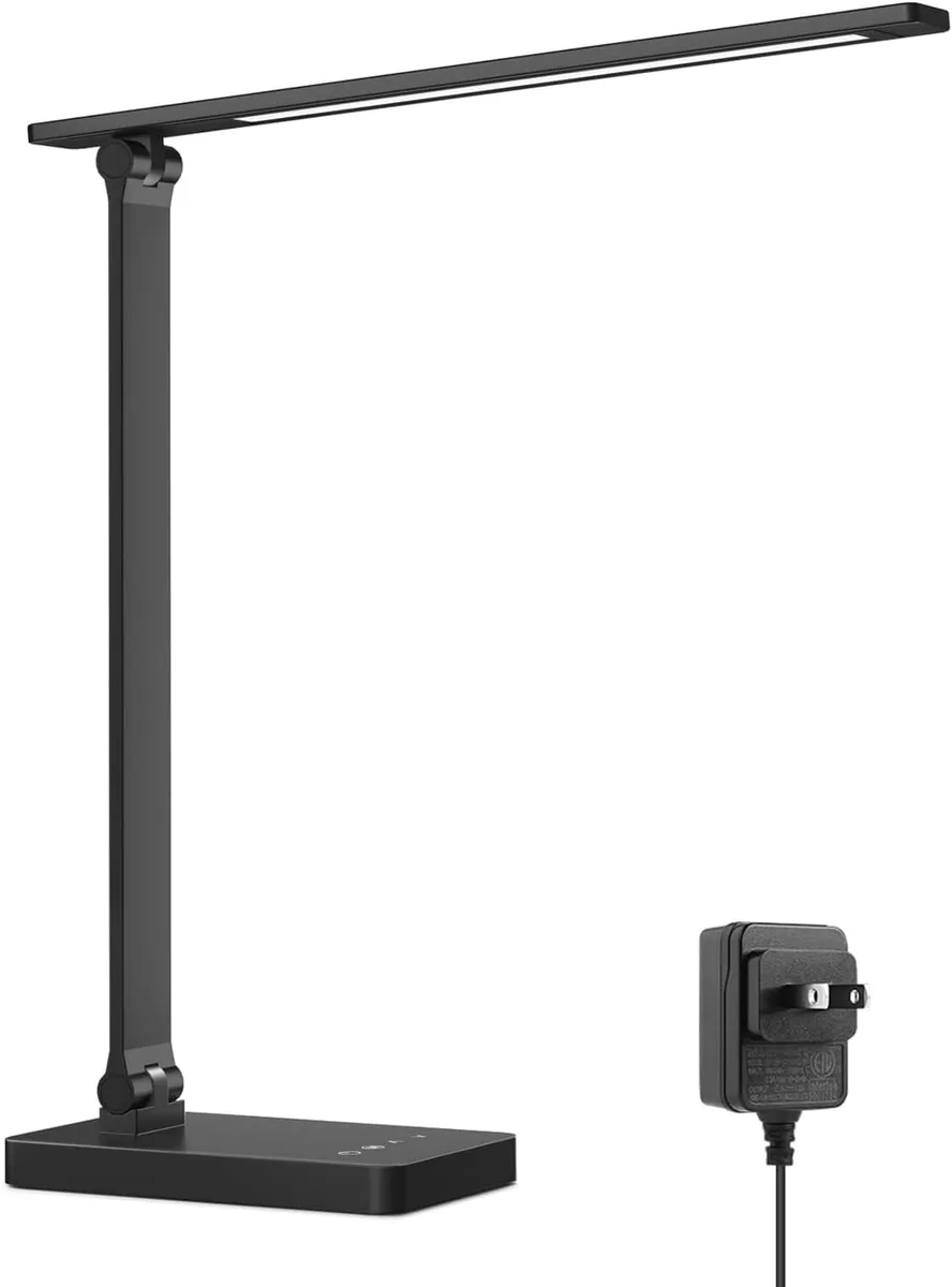 Black rectangular LED desk lamp with matte lacquered finish and adjustable arm