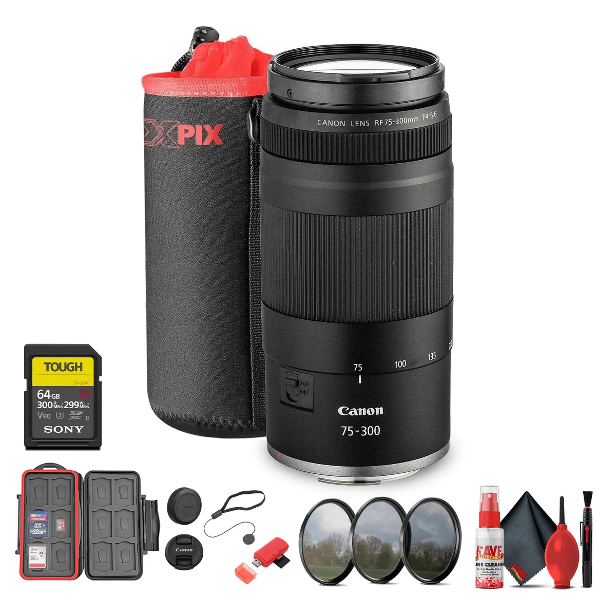 Canon Canon RF 75-300mm f/4-5.6 Lens + 58mm 3pc Filter Kit + Large Lens Case + 64GB Card + Accessories Bundle — product photo