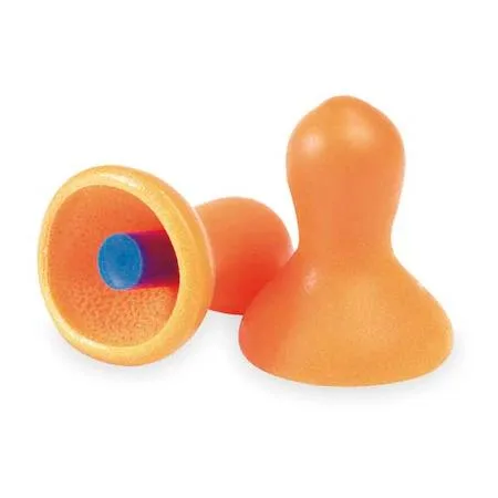 Pair of orange and blue bell-shaped reusable earplugs with smooth rubberized foam finish and built-in stems
