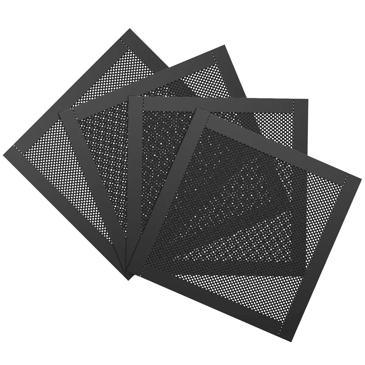 Four black square PVC mesh filters with magnetic frames, each twelve centimetres across