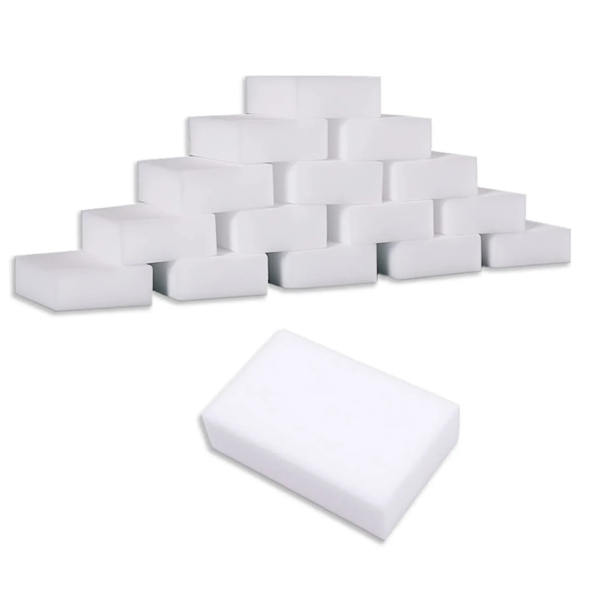 Pack of 50 white rectangular melamine foam sponges