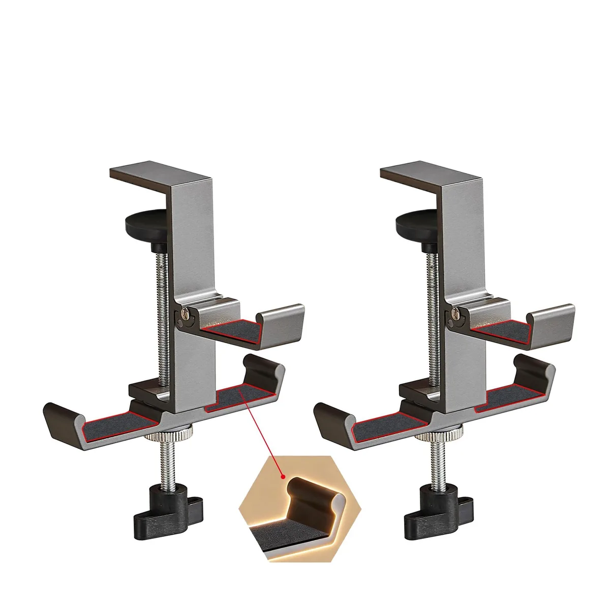 Gray metal clamp-on desk hanger with three curved hooks and protective pads