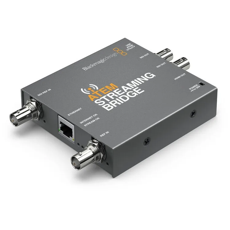 Compact black metal box with HDMI and SDI outputs for ATEM Mini Pro streaming bridge