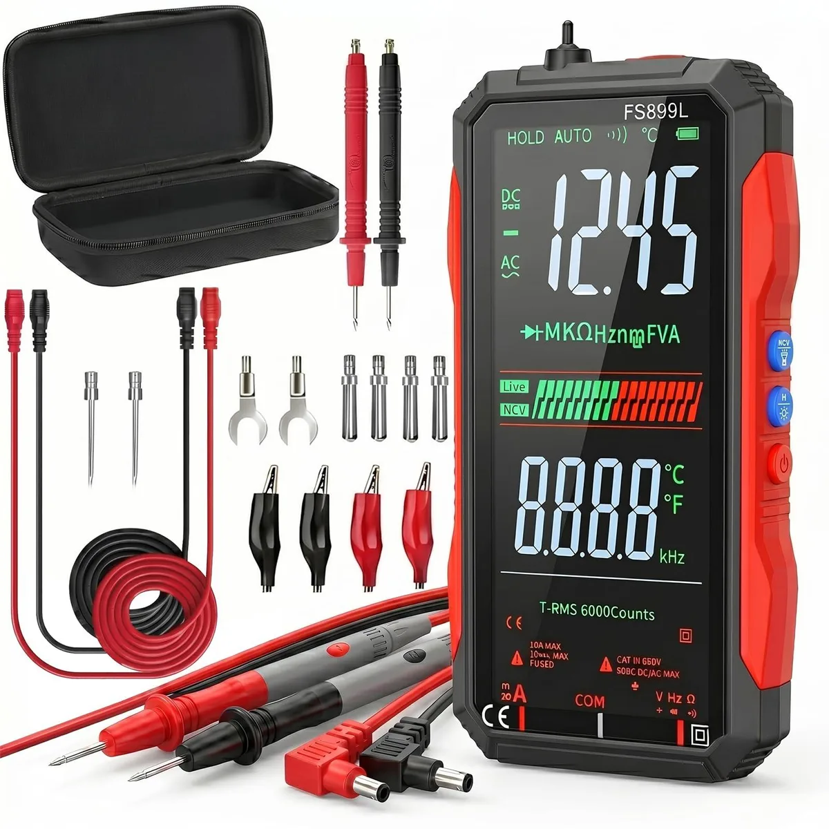 Yellow digital clamp multimeter with large colour screen and 20 piece silicone lead kit