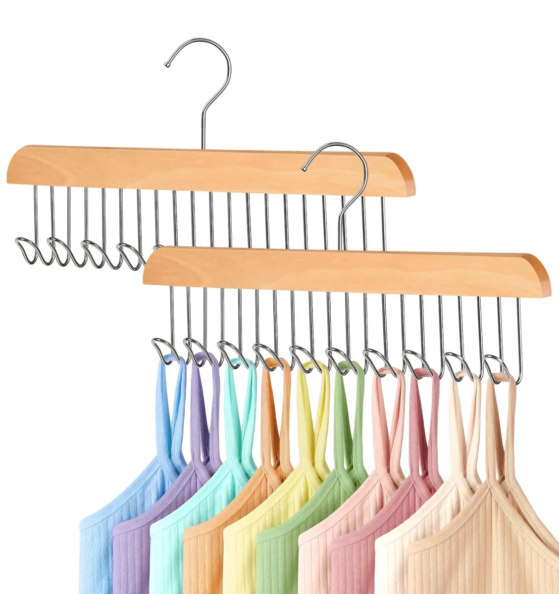 Two wooden tank top hangers with ten stainless steel hooks each, natural wood finish