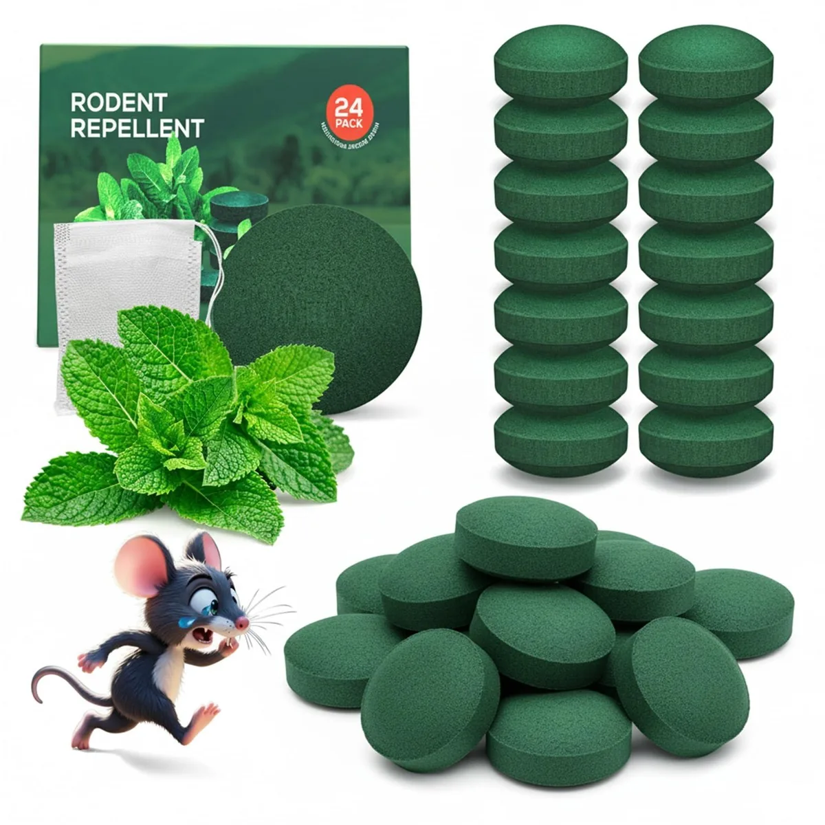Twenty-four small green pouches of peppermint oil squirrel repellent in a pack