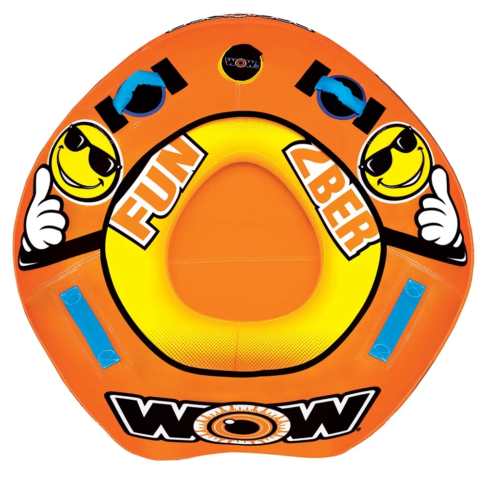 Inflated round towable tube with partial nylon cover, pump and tow rope