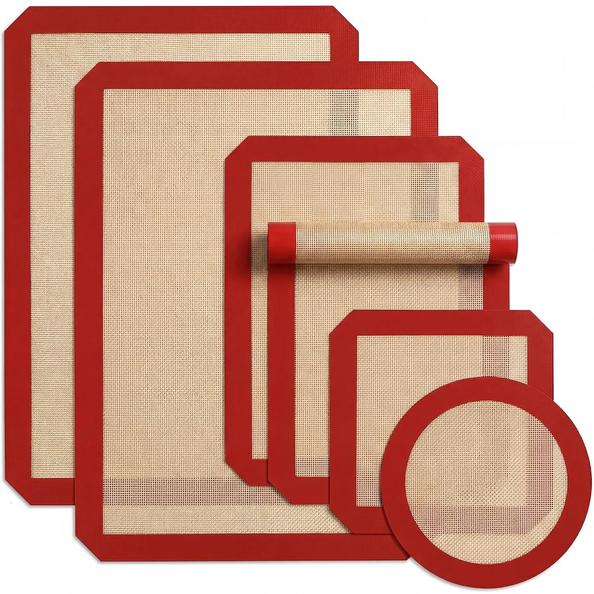 Six red checkered silicone baking mats in various shapes