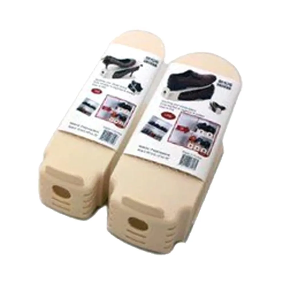 Two small plastic shoe racks, light grey, stacked tier design, 3.15 by 10.12 by 4.72 inches each