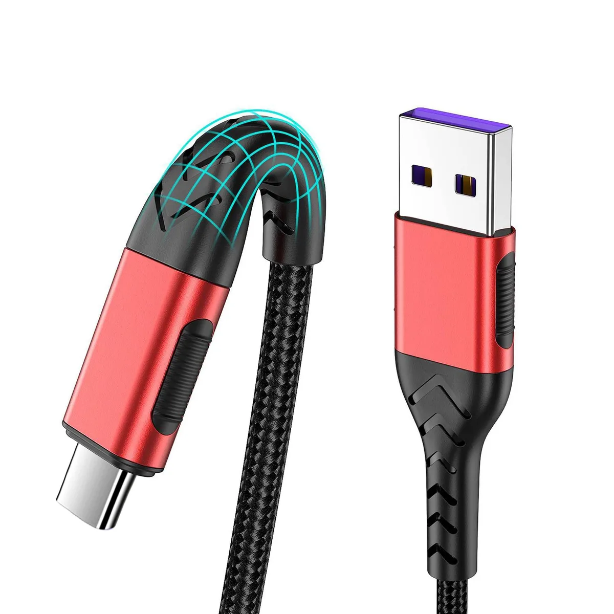 Two red braided USB 2.0 Type-A to Type-C cables 10ft each