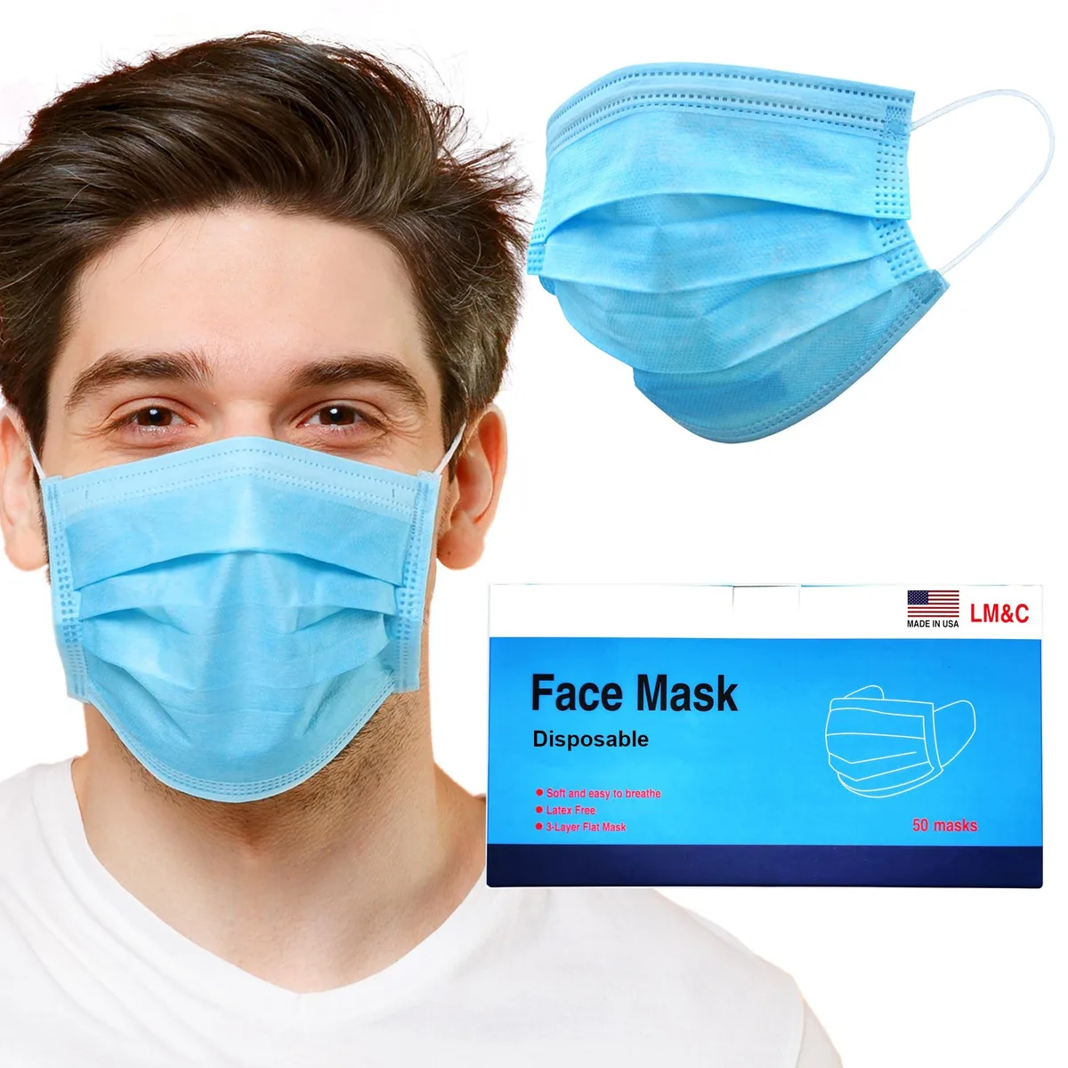 Box of 50 light-blue disposable face masks with ear loops