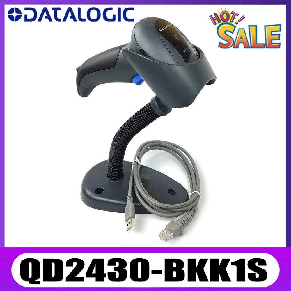 Black handheld 2D barcode scanner with USB cable and stand