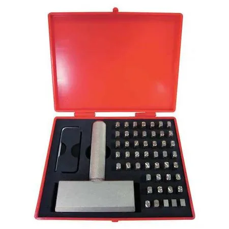 Steel type kit with letters numbers symbols in case