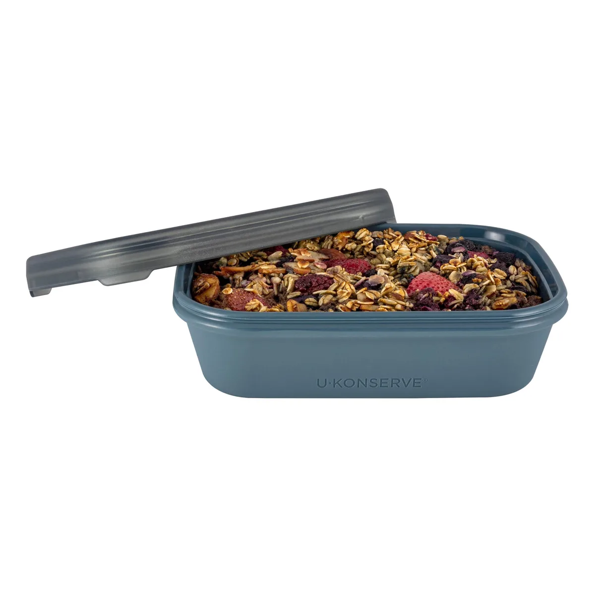 Red rectangular silicone food container with clear lid
