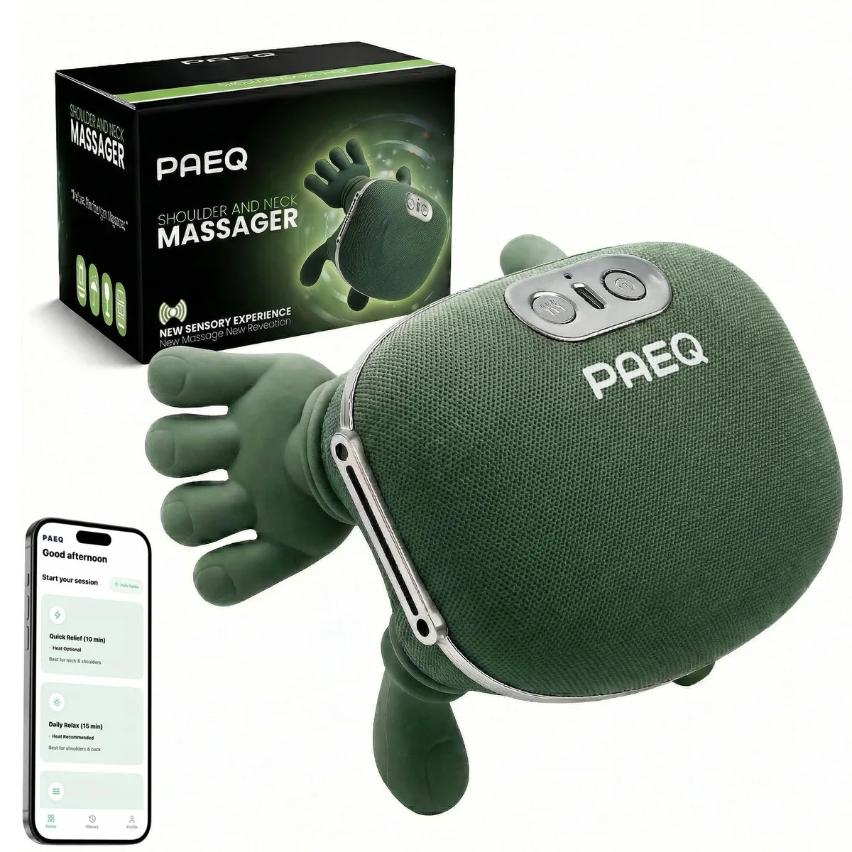Black cordless wrap-around neck massager with soft fabric cover, four kneading nodes, carry case and eye mask